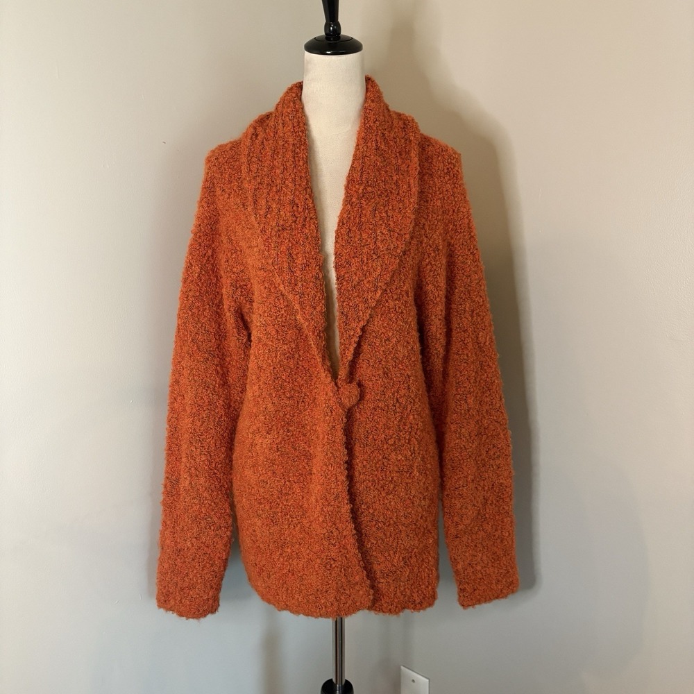 TABASK Handmade Peru Alpaca Wool Boucle Shaggy Knit Cardigan Sweater Orange XL
